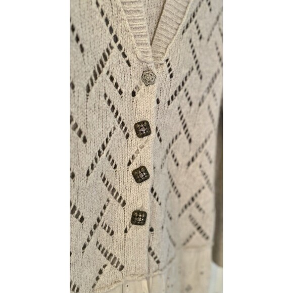 FREE PEOPLE Wool Eyelet Lace Ruffle Button Cardigan Womens S? Beige Boho Cottage - Picture 3 of 8